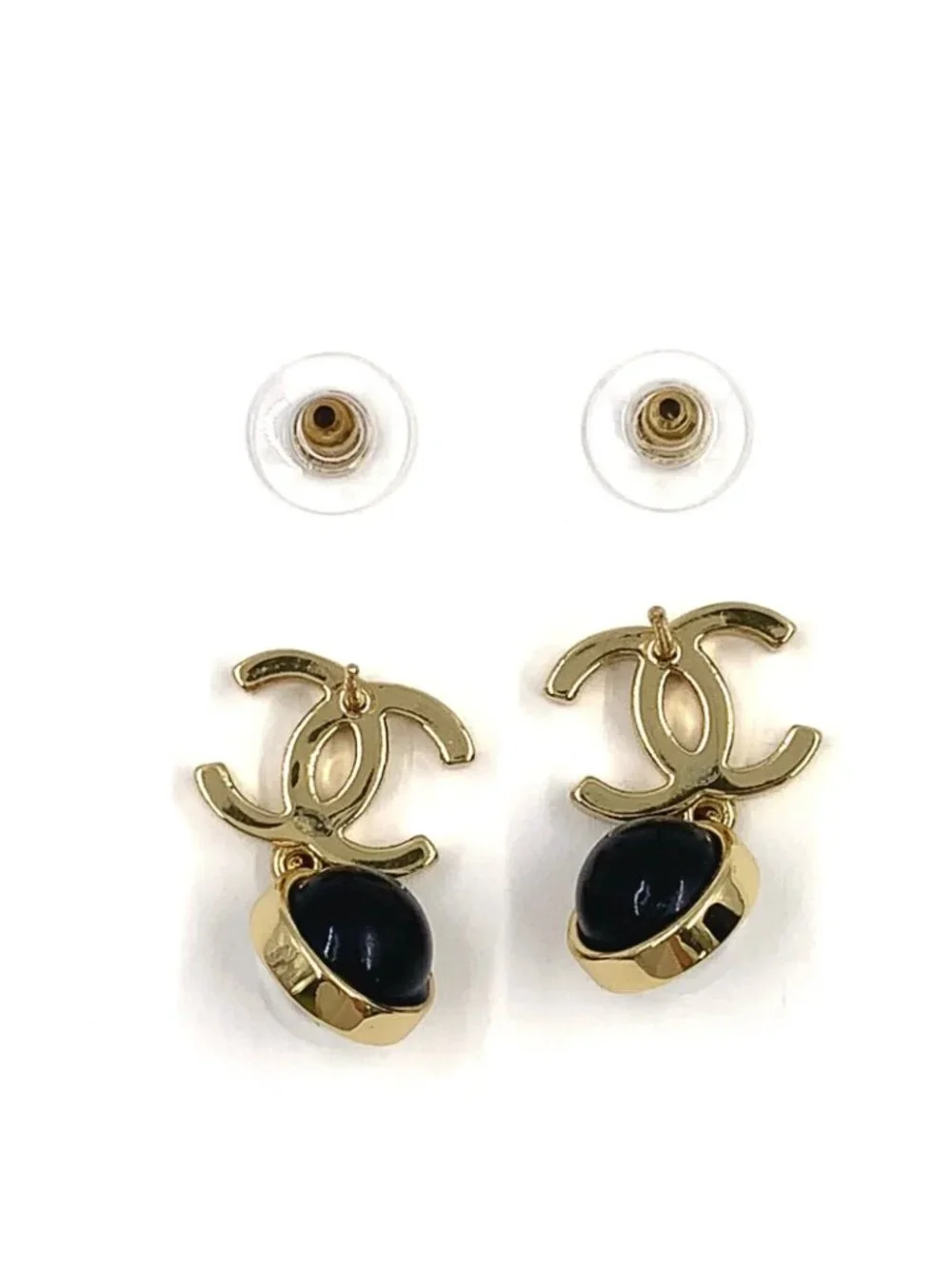 Chanel CC Logo Bicolor Costume Pearl Swing Faux Resin Gold Black White Earrings